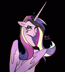 Size: 2119x2336 | Tagged: safe, artist:peachmichea, imported from derpibooru, princess cadance, alicorn, pony, black background, black eyeshadow, chromatic aberration, crown, dyed mane, emo, eyeshadow, female, folded wings, goth, jewelry, looking at you, looking back, looking back at you, makeup, mare, regalia, simple background, solo, wings