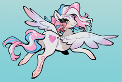 Size: 2378x1619 | Tagged: safe, artist:glacierclear, imported from derpibooru, star catcher, pegasus, pony, blue background, butt, flying, lidded eyes, looking at you, looking back, looking back at you, plot, simple background, smiling, solo, spread wings, underhoof, wings