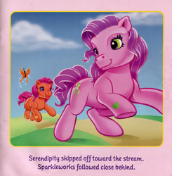 Size: 750x766 | Tagged: safe, imported from derpibooru, serendipity, sparkleworks, butterfly, earth pony, pony, female, g3, mare, my little pony: butterfly hunt, official, scan, solo focus