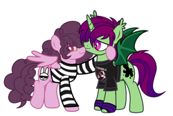 Size: 3000x2000 | Tagged: safe, artist:mxmx fw, imported from derpibooru, oc, oc only, oc:midnight ray, oc:stripe, bat pony, bat pony unicorn, hybrid, pegasus, pony, unicorn, bat wings, clothes, couple, curly hair, disguise, disguised siren, duo, duo male, emo, fangs, full body, gay, gay couple, gloves, horn, male, my chemical romance, pegasus oc, shirt, simple background, smiling, t-shirt, transparent background, wings, yellow eyes