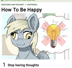 Size: 1956x1847 | Tagged: safe, artist:reddthebat, imported from derpibooru, derpy hooves, pegasus, pony, :3, advice, eyebrows, eyebrows visible through hair, female, happy, idea, lidded eyes, lightbulb, mare, no thoughts head empty, smiling, solo, thought bubble, wikihow, wings