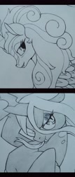 Size: 1123x2612 | Tagged: safe, artist:public mistake, imported from derpibooru, queen chrysalis, rain shine, changeling, changeling queen, kirin, duo, female, grayscale, lidded eyes, long tongue, mare, monochrome, tongue out, traditional art