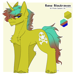 Size: 1000x1000 | Tagged: safe, artist:vampirix, imported from derpibooru, oc, oc:baneblackraven, unicorn, chest fluff, horn, male, pirate, reference sheet, solo, stallion, sternocleidomastoid, unicorn oc