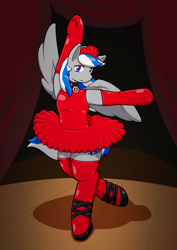 Size: 1053x1490 | Tagged: safe, artist:defilerzero, imported from derpibooru, part of a set, oc, oc only, oc:lady lightning strike, pegasus, pony, series:the evening ballerina, ballerina, bipedal, clothes, collar, headdress, latex, latex dress, part of a series, pegasus oc, solo, stage, stockings, story included, thigh highs