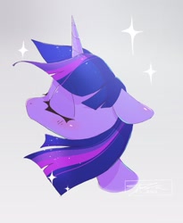 Size: 1677x2048 | Tagged: safe, artist:mindlessnik, imported from derpibooru, twilight sparkle, pony, unicorn, bust, eyes closed, female, floppy ears, gray background, mare, simple background, solo, sparkles