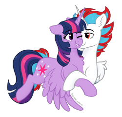 Size: 2400x2300 | Tagged: safe, artist:pink-pone, imported from derpibooru, twilight sparkle, oc, oc:solar eclipse, alicorn, pony, alicorn oc, conjoined, fusion, horn, not zipp storm, simple background, transparent background, twilight sparkle (alicorn), wings