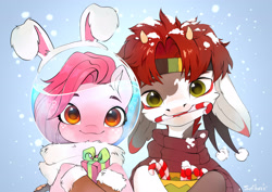 Size: 3508x2480 | Tagged: safe, artist:sofiko-ko, imported from derpibooru, oc, oc only, oc:grom, oc:koraru koi, merpony, pony, bunny ears, candy, candy cane, duo, fishbowl, food, freckles, hoof hold, looking at you, mouth hold, present, smiling, smiling at you, snow, snowfall