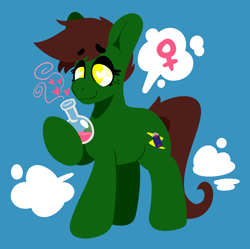 Size: 1610x1602 | Tagged: safe, artist:myahster, imported from derpibooru, oc, oc only, oc:howi, earth pony, commission, earth pony oc, potion, rule 63, simple background