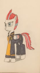 Size: 957x1729 | Tagged: safe, artist:martialarts2003, imported from derpibooru, zipp storm, pegasus, pony, the sunjackers, badge, clothes, detective, g4, g5, g5 to g4, generation leap, jacket, solo, traditional art