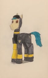Size: 873x1402 | Tagged: safe, artist:martialarts2003, imported from derpibooru, hitch trailblazer, earth pony, pony, the sunjackers, armor, armored pony, cyberpunk, g4, g5, g5 to g4, generation leap, officer, palindrome get, solo, traditional art