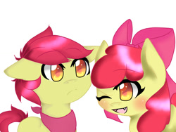 Size: 1024x768 | Tagged: safe, artist:insanitynikoru, imported from derpibooru, apple bloom, earth pony, pony, applebuck, colt, cute, cute little fangs, fangs, female, filly, foal, male, neckerchief, one eye closed, open mouth, open smile, r63 paradox, rule 63, self paradox, self ponidox, simple background, smiling, white background, wink