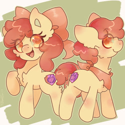 Size: 1080x1080 | Tagged: safe, artist:insanitynikoru, imported from derpibooru, apple bloom, earth pony, pony, applebuck, colt, eye clipping through hair, female, filly, foal, heart, heart eyes, male, neckerchief, open mouth, open smile, r63 paradox, rule 63, self paradox, self ponidox, simple background, smiling, starry eyes, wingding eyes