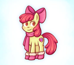 Size: 650x573 | Tagged: safe, artist:memethyst-art, imported from derpibooru, apple bloom, earth pony, pony, apple bloom's bow, boots, bow, clothes, female, filly, foal, hair bow, scarf, shoes, simple background, smiling, solo, white background