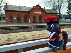 Size: 4000x3000 | Tagged: safe, imported from derpibooru, oc, oc:steel road, earth pony, pony, brick, building, earth pony oc, irl, pabianice, photo, plushie, poland, rail, railroad, safety vest, solo, train tracks