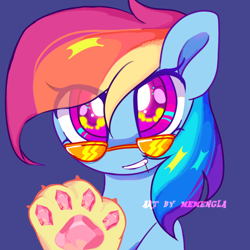 Size: 1280x1280 | Tagged: safe, artist:memengla, imported from derpibooru, rainbow dash, pegasus, pony, bust, female, gem, looking at you, paw pads, paws, simple background, solo, sunglasses, watermark