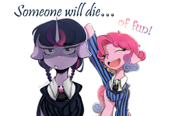 Size: 1724x1172 | Tagged: safe, artist:kisselmr, imported from derpibooru, pinkie pie, twilight sparkle, earth pony, pony, unicorn, crossover, duo, enid sinclair, floppy ears, simple background, the addams family, unicorn twilight, wednesday (series), wednesday addams, wednesday sparkle, white background