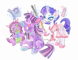 Size: 1683x1292 | Tagged: safe, artist:_night_milk_, imported from derpibooru, rarity, spike, twilight sparkle, dragon, pony, unicorn, bathrobe, book, brush, clothes, dragon costume, female, glowing, glowing horn, hair curlers, hairspray, horn, levitation, magic, magic aura, male, mare, robe, see-through, simple background, slippers, telekinesis, trio, unicorn twilight, white background