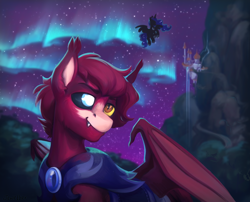 Size: 3100x2500 | Tagged: safe, artist:jewellier, imported from derpibooru, princess luna, oc, oc:arthur junior, alicorn, bat pony, pony, armor, aurora borealis, bat pony oc, bat wings, canterlot, duo, duo male and female, eyebrows, female, flying, high res, male, mare, mountain, night, night guard, night guard armor, partially open wings, smiling, stallion, starry sky, wings