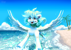 Size: 3600x2551 | Tagged: safe, artist:teaflower300, imported from derpibooru, oc, oc only, pegasus, pony, beach, cloud, eyebrows, eyebrows visible through hair, flying, headset mic, ocean, open mouth, palm tree, pegasus oc, sky, solo, tree, tropical, water