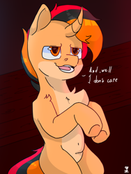 Size: 3000x4000 | Tagged: safe, artist:vizitek, imported from derpibooru, oc, oc only, oc:floire, pony, unicorn, belly, belly button, bipedal, chest fluff, high res, horn, sitting, solo, talking, unicorn oc