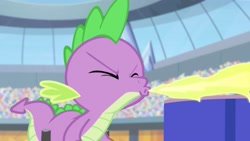 Size: 3787x2141 | Tagged: safe, edit, edited screencap, imported from derpibooru, screencap, spike, equestria games (episode), eyes closed, fire, fire breath, solo, torch