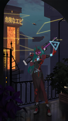 Size: 1694x3000 | Tagged: safe, artist:dogs, derpibooru exclusive, imported from derpibooru, oc, oc only, anthro, unicorn, anthro oc, balcony, building, clothes, cyberpunk, female, gun, photoshop, rifle, scenery, skirt, solo, weapon