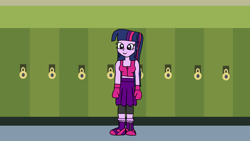 Size: 1920x1080 | Tagged: safe, artist:platinumdrop, imported from derpibooru, twilight sparkle, human, equestria girls, boxing gloves, lockers, request, solo