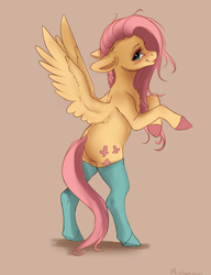 Size: 2312x3012 | Tagged: safe, artist:miokomata, imported from derpibooru, fluttershy, pegasus, pony, aside glance, beige background, bipedal, blushing, chest fluff, clothes, colored hooves, cute, female, floppy ears, freckles, freckleshy, high res, looking at you, mare, shyabetes, silly, simple background, smiling, smiling at you, socks, solo, spread wings, tongue out, wings