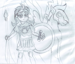 Size: 3000x2536 | Tagged: safe, artist:pokecure123, imported from derpibooru, zephyr, classical hippogriff, hippogriff, human, equestria girls, ancient greece, armor, background human, cape, clothes, hoplite, shield, spear, traditional art, weapon