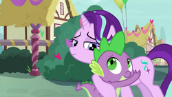 Size: 1920x1080 | Tagged: safe, edit, edited screencap, editor:ah96, imported from derpibooru, screencap, spike, starlight glimmer, dragon, pony, unicorn, the break up breakdown, duo, female, hug, lidded eyes, male, mare, ponyville, shipping, smiling, sparlight, straight, winged spike, wings