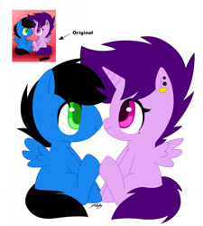 Size: 1151x1280 | Tagged: safe, artist:melodytheartpony, imported from derpibooru, oc, oc:violet scratch, alicorn, pegasus, 2014, alicorn oc, base used, chibi, cutiemarkless, female, feral, happy, horn, in love, looking at each other, looking at someone, male, missing cutie mark, old art, pegasus oc, piercing, re-lined, signature, simple background, sitting, smiling, spread wings, white background, wings