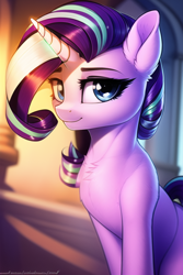 Size: 512x768 | Tagged: safe, imported from derpibooru, starlight glimmer, pony, unicorn, ai content, ai generated, blue eyes, chest fluff, female, generator:novelai, generator:stable diffusion, looking at you, mare, smiling, solo, sternocleidomastoid