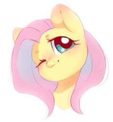 Size: 992x1067 | Tagged: safe, artist:melodylibris, imported from derpibooru, fluttershy, pegasus, pony, aside glance, blushing, bust, cute, daaaaaaaaaaaw, ear blush, female, head tilt, looking at you, mare, one eye closed, portrait, shyabetes, simple background, solo, three quarter view, white background