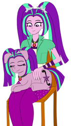 Size: 1700x3000 | Tagged: safe, artist:happyb0y95, imported from derpibooru, aria blaze, earth pony, human, pony, equestria girls, ariabetes, behaving like a dog, chair, cute, eyebrows, eyelashes, eyes closed, female, floppy ears, gem, human ponidox, jewelry, long hair, looking down, mare, necklace, pat, patting, pet, pigtails, self paradox, self ponidox, simple background, siren gem, sitting, smiling, stars, twintails, white background, wristband