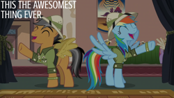 Size: 2000x1125 | Tagged: safe, edit, edited screencap, editor:quoterific, imported from derpibooru, screencap, quibble pants, rainbow dash, earth pony, pegasus, pony, stranger than fan fiction, clothes, cosplay, costume, duo, duo male and female, eyes closed, female, happy, hat, male, mare, open mouth, open smile, raised hoof, smiling, stallion