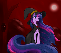 Size: 3055x2680 | Tagged: safe, artist:renarde-louve, imported from derpibooru, twilight sparkle, pony, cloak, clothes, female, hat, impossibly long tail, long mane, long tail, mare in the moon, moon, solo, tail, witch hat