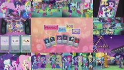 Size: 1280x721 | Tagged: safe, edit, edited screencap, editor:quoterific, imported from derpibooru, screencap, apple bloom, applejack, discord, fluttershy, pinkie pie, rainbow dash, rarity, scootaloo, sweetie belle, twilight sparkle, human, equestria girls, perfect day for fun, amusement park, bass guitar, belt, boots, clothes, cowboy boots, cowboy hat, cutie mark crusaders, drums, electric guitar, guitar, hat, high heel boots, jacket, keyboard, microphone, musical instrument, phone, ponied up, shirt, shoes, skirt, socks, song, tambourine, vest