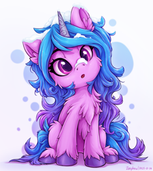 Size: 1567x1749 | Tagged: safe, artist:zeepheru_pone, imported from derpibooru, izzy moonbow, pony, unicorn, cheek fluff, chest fluff, cute, ear fluff, female, fluffy, full face view, g5, head tilt, horn, izzybetes, looking at you, mare, open mouth, sitting, snow, snow on nose, solo, unshorn fetlocks