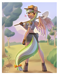 Size: 2540x3228 | Tagged: safe, artist:dandy, imported from derpibooru, oc, oc only, oc:sylvia evergreen, anthro, pegasus, unguligrade anthro, ;p, ass, belt, belt buckle, boots, braid, braided pigtails, butt, clothes, eye clipping through hair, female, forest, freckles, gloves, hair tie, hat, hoof boots, looking at you, looking back, looking back at you, midriff, one eye closed, pegasus oc, pigtails, ranger, shoes, short shirt, shorts, shovel, solo, tongue out, uniform, wings, wink