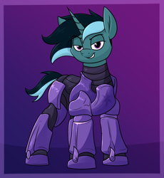 Size: 1348x1466 | Tagged: safe, artist:moonatik, imported from derpibooru, oc, oc only, oc:sol nightshade, pony, unicorn, abstract background, alternate timeline, armor, horn, looking at you, male, new lunar millennium, nightmare takeover timeline, power armor, smiling, solo, stallion, unicorn oc