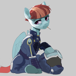 Size: 4000x4000 | Tagged: safe, artist:cadillac-dynamite, imported from derpibooru, windy whistles, pegasus, pony, absurd resolution, alternate timeline, badass, bags under eyes, cigarette, clothes, crystal war timeline, female, gray background, helmet, lidded eyes, mare, military uniform, simple background, solo, uniform