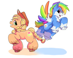 Size: 640x508 | Tagged: safe, artist:littledemo0n, imported from derpibooru, applejack, rainbow dash, earth pony, pegasus, applejack's hat, cowboy hat, cute, dashabetes, duo, duo female, female, flying, glowing cutie mark, hat, jackabetes, looking at each other, looking at someone, raised hoof, redesign