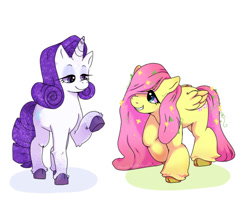 Size: 640x508 | Tagged: safe, artist:littledemo0n, imported from derpibooru, fluttershy, rarity, pegasus, unicorn, cute, duo, duo female, female, looking at each other, looking at someone, raised hoof, raribetes, shadow, shyabetes, simple background, white background