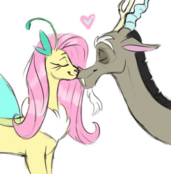 Size: 540x549 | Tagged: safe, artist:yubov, imported from derpibooru, discord, fluttershy, draconequus, discoshy, draconequified, duo, duo male and female, eyebrows, eyes closed, female, flutterequus, heart, kissing, male, nose kiss, shipping, simple background, smiling, species swap, straight, white background