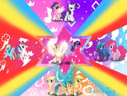 Size: 4133x3144 | Tagged: safe, artist:snowflakefrostyt, imported from derpibooru, angel bunny, applejack, fluttershy, hitch trailblazer, izzy moonbow, pinkie pie, pipp petals, rainbow dash, rarity, sunny starscout, twilight sparkle, zipp storm, alicorn, earth pony, pegasus, pony, unicorn, female, g4, g5, g5 to g4, generation leap, grin, high res, looking at each other, looking at someone, male, mane five (g5), mane six, mare, open mouth, open smile, race swap, smiling, smiling at each other, stallion, sunnycorn, twilight sparkle (alicorn)