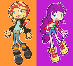 Size: 1920x1728 | Tagged: safe, artist:rvceric, imported from derpibooru, sunny starscout, sunset shimmer, human, equestria girls, equestria girls-ified, female, g5, orange background, purple background, simple background