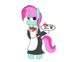 Size: 2000x1600 | Tagged: safe, artist:amateur-draw, imported from derpibooru, oc, oc only, oc:belle boue, pony, unicorn, bipedal, clothes, crossdressing, food, horn, maid, male, muffin, simple background, solo, stallion, tea, unicorn oc, white background