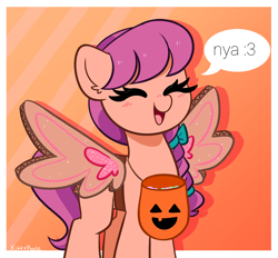 Size: 2132x1980 | Tagged: safe, artist:kittyrosie, edit, editor:dematrix-edit, imported from derpibooru, sunny starscout, earth pony, pony, :3, candy, cardboard wings, clothes, costume, cute, daaaaaaaaaaaw, dialogue, eyes closed, fake wings, food, g5, halloween, holiday, nightmare night, nightmare night costume, nya, open mouth, pumpkin bucket, smiling, solo, speech bubble, standing, sunnybetes, text edit, trick or treat