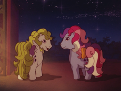 Size: 960x720 | Tagged: safe, imported from derpibooru, screencap, surprise, sweet stuff, earth pony, pegasus, pony, twinkle eyed pony, my little pony 'n friends, the golden horseshoes, bow, duo, female, g1, mare, night, tail, tail bow
