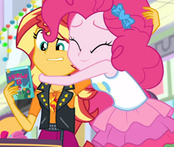 Size: 2280x1920 | Tagged: safe, imported from derpibooru, screencap, pinkie pie, sunset shimmer, human, equestria girls, equestria girls series, holidays unwrapped, spoiler:eqg series (season 2), cropped, dashing through the mall, duo, video game